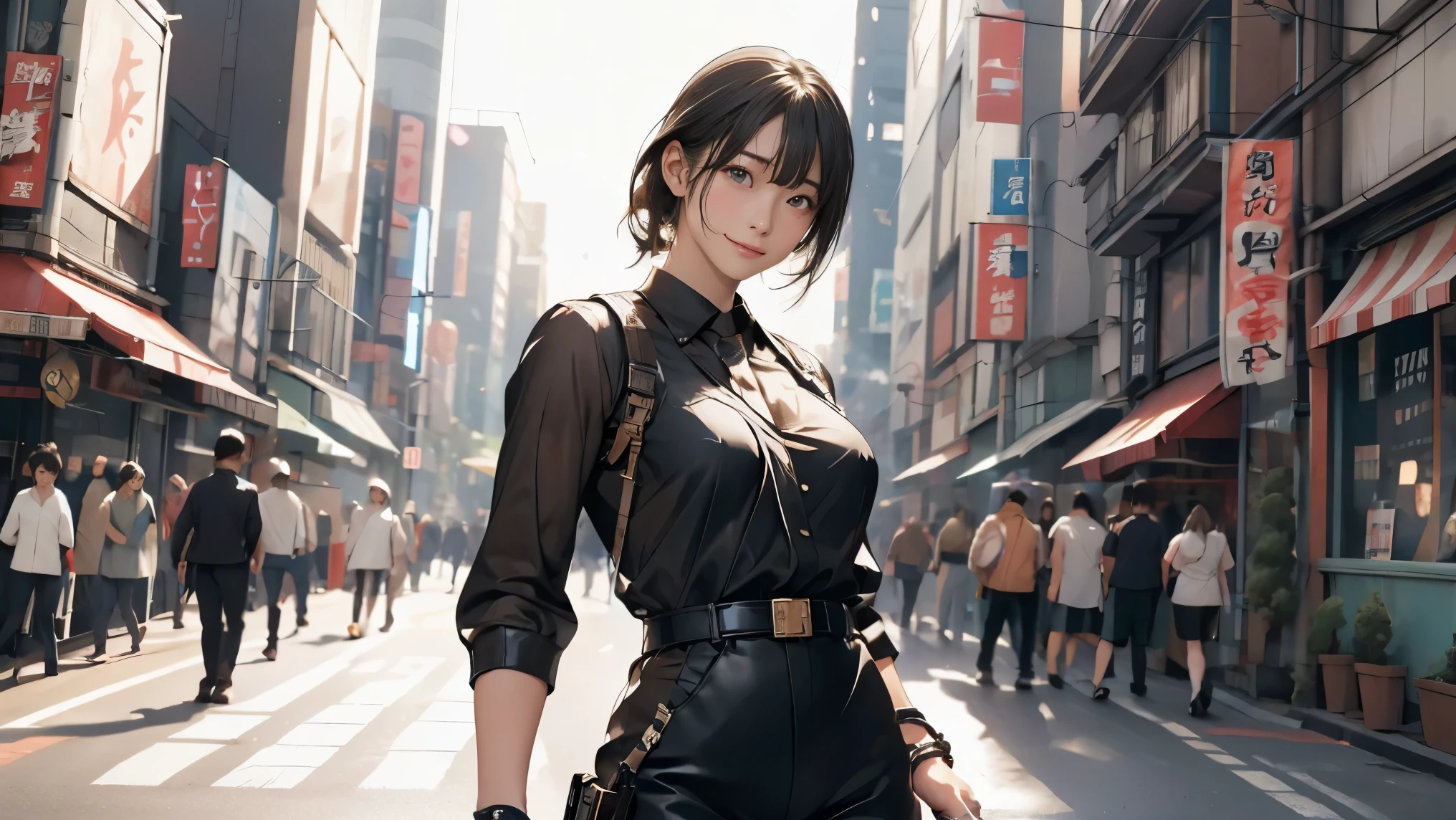 high resolution、High definition、High sensitivity、8k.Japanese、、1、cute、Idol face、Two Side Up Hair、slender、Mid-chest、(black and white high leg bodysuit:1.2)、See-through、Harness Belt、Gun Holder、(POLICE armband:1.3)、Vibrant、(Hold a gun、Firing:1.3)、bustling street、