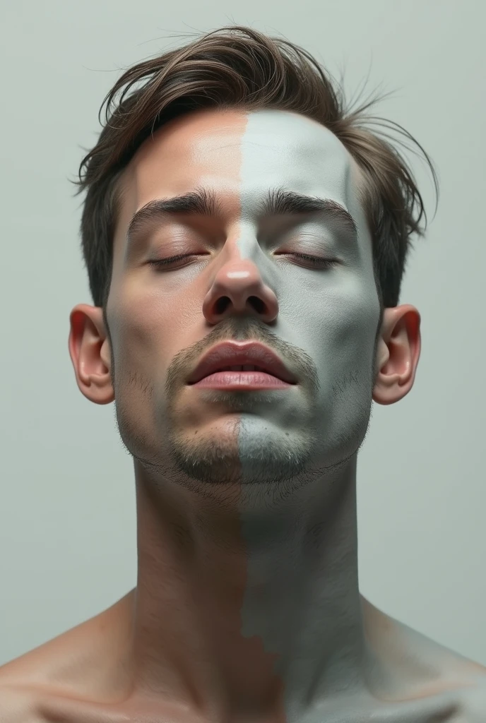 Face of a man facing forward with his eyes closed, looking up as if inhaling, half of his face is made of clay