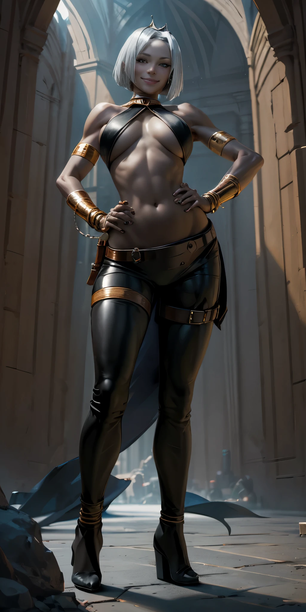 full body, whole body, solo, female, short white silver bob hair, big breast, yellow bikini, hands on hips, hands on waist, navel, lustful smirking smiling, smile red face, metal shoulders, gold sleeveless armbands, black leather choker collar, shackle bracelet, pauldrons, breastplate, leather corset, eye focus, loincloth standing, metal sandals, twin big belt, view from below, feet together, bracers, tiara