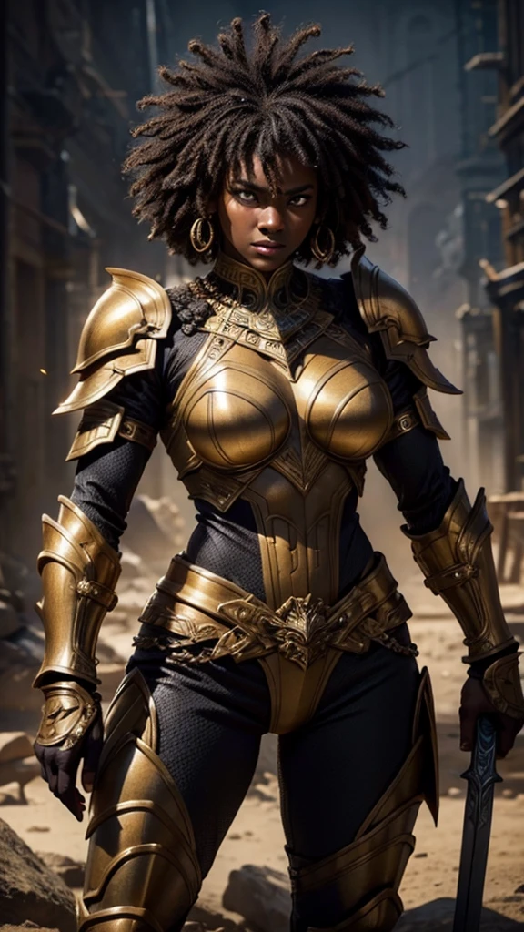 Whole body, Dark skin, muscular warrior with marked abdomen, afro hair, big breasts, Detailed face, Black and gold armor with many details 