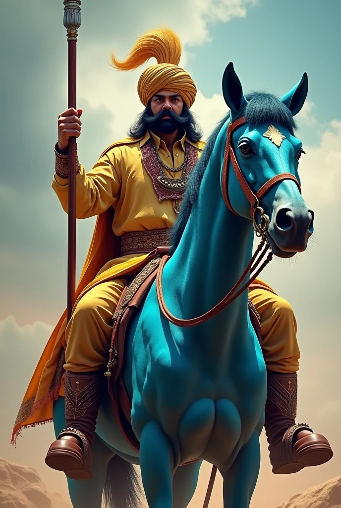 Ak asa aadmi Jo gode pr betha ho or uske bde bde muche ho sir pr pagdi ho haat me bhala astr ho or uske ghode ka colour neela ho or uska ghoda ak phad ke aage khada ho or uske haath me bhala ho or vo rajsthani culture kpde pahne ho or beyard na ho uski