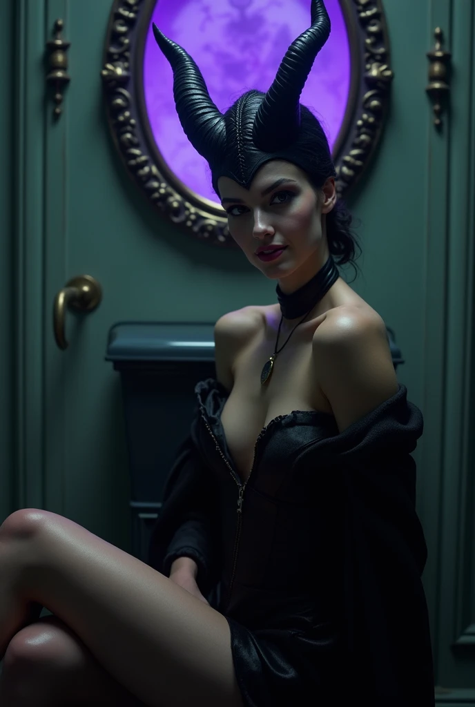 A stunning portrait of Maleficent sitting on a toilet in her dungeon, ornate toilet, emphasis on her horns, purple highlights, purple reflected light, in the nude, young and beautiful, hyper realistic, real portrait, backlit, exquisite features, cleavage, sexy, seductive, unnatural light, soft light, location is the interior of a dungeon, green light, eerie, purple highlights:1.4, she is smirking, she is busty, her chin is raised, looking down at viewer, low angle shot, exquisite features, exotic, high cheekbones, show her full horns