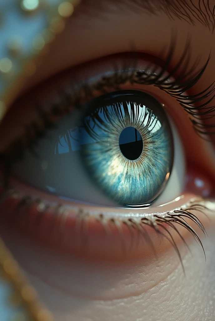 (photorealism:1.2), one of the eyes of the virgin mary in which you can see the reflection of the shape and the light if archangel gabriel