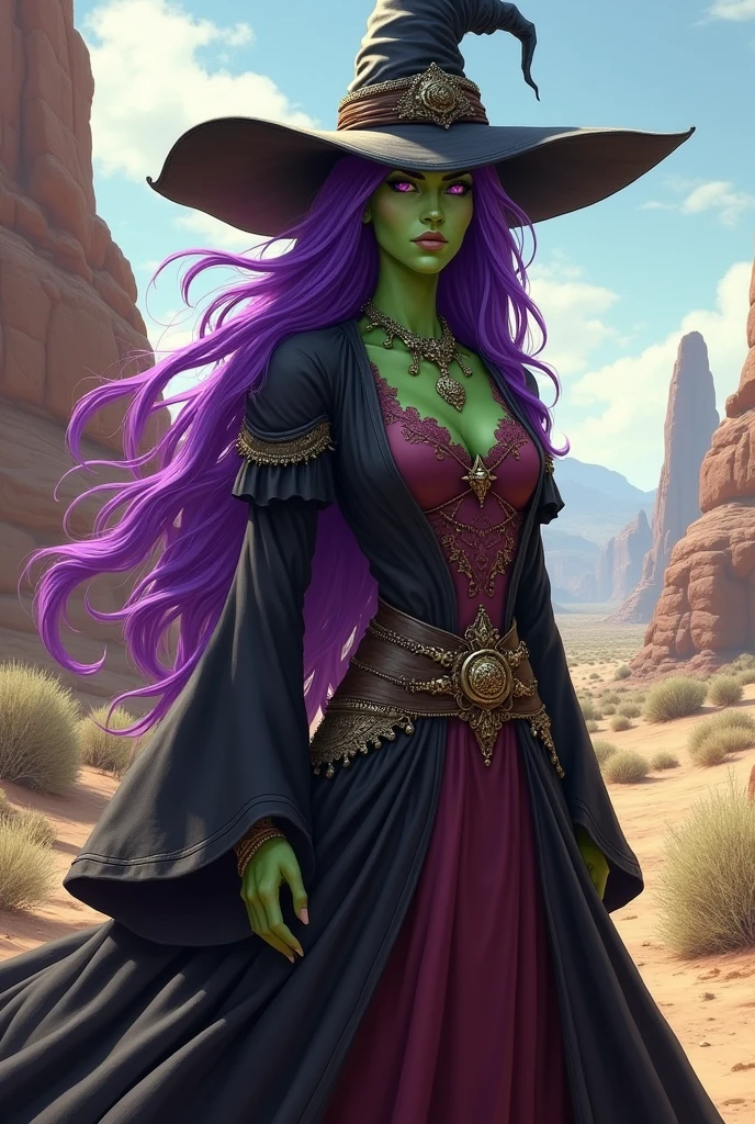 I would like a woman with long purple hair, magical eyes, greenish-toned skin, wearing witch clothing, a witch hat, and a necklace around her neck. I would like her to have a mature style, and the art should be in a fantasy RPG style set in the Old West. i would like her to be hot