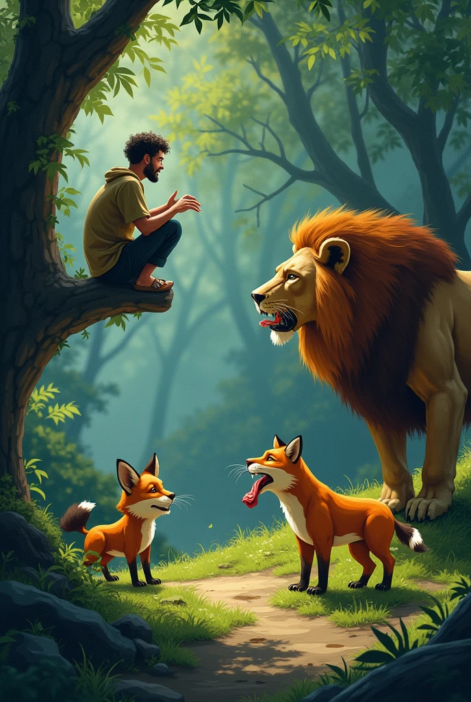 After some time, he started to move on from the forest. While crossing the forest, he saw a fox which had only two legs. The lazy man thought, "How can this fox stay alive in such a poor condition?" e for ries
Suddenly, he saw the lion coming towards piece of meat in his mouth. All the animals ran away as they saw lion coming towards them. The lazy man climbed up the tree to save himself but, the fox stayed at its place. But what the lazy man saw was truly surprising! The lion left a piece of meat which was in his mouth for the fox.