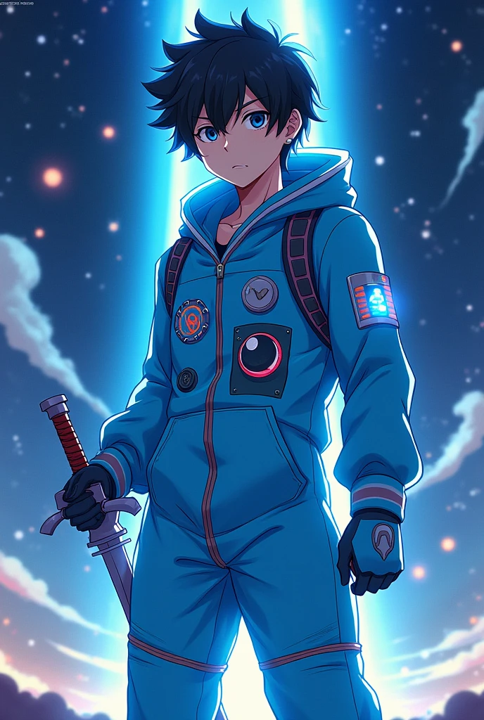 yuno from the anime black cover wearing astronaut pajamas with his sword in his hand