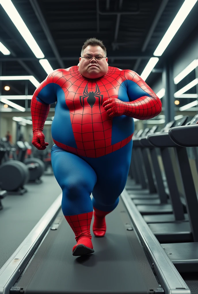 Overweight Spider-Man in his full uniform running very fast in treadmill in gym