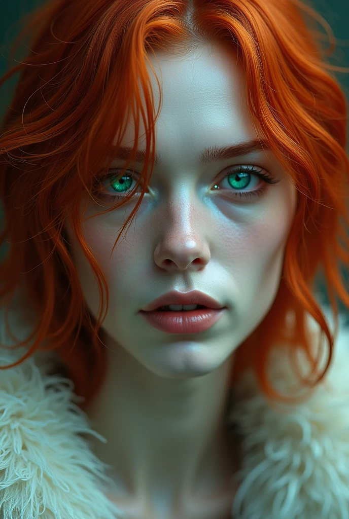 A man with snow-white skin and shoulder-length red hair, emerald or blue eyes, short stature like 1:68, without long ears