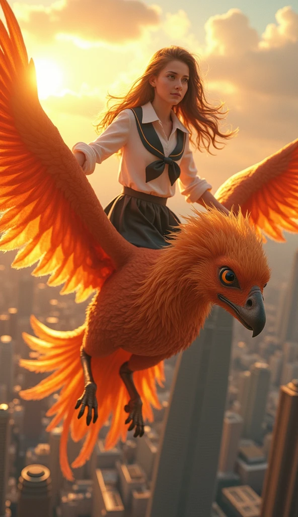 a teenage girl riding a phoenix, detailed facial features, long eyelashes, beautiful detailed eyes and lips, intricate ornate phoenix, elegant school uniform, flying over a city landscape, golden sunlight, vibrant colors, cinematic lighting, 8k, hyper detailed, masterpiece, photorealistic