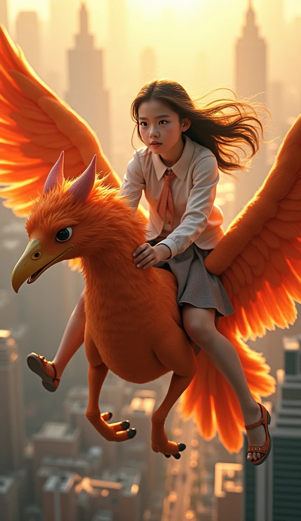 a age girl riding a phoenix, detailed facial features, long eyelashes, beautiful detailed eyes and lips, intricate ornate phoenix, elegant school uniform, flying over a city landscape, golden sunlight, vibrant colors, cinematic lighting, 8k, hyper detailed, masterpiece, photorealistic