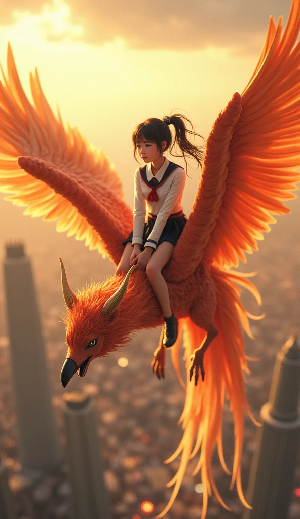 a teenage girl riding a phoenix, detailed facial features, long eyelashes, beautiful detailed eyes and lips, intricate ornate phoenix, elegant school uniform, flying over a city landscape, golden sunlight, vibrant colors, cinematic lighting, 8k, hyper detailed, masterpiece, photorealistic