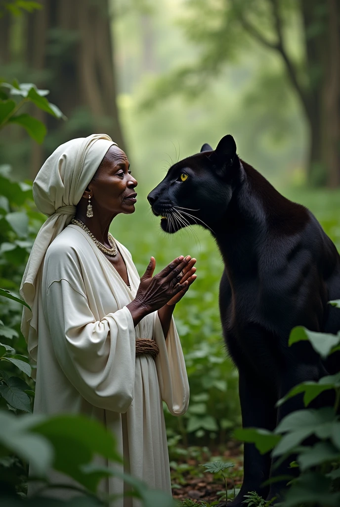 An elderly black woman in white clothes and a short white cloth on her head in African style next to a black panther in a forest at night