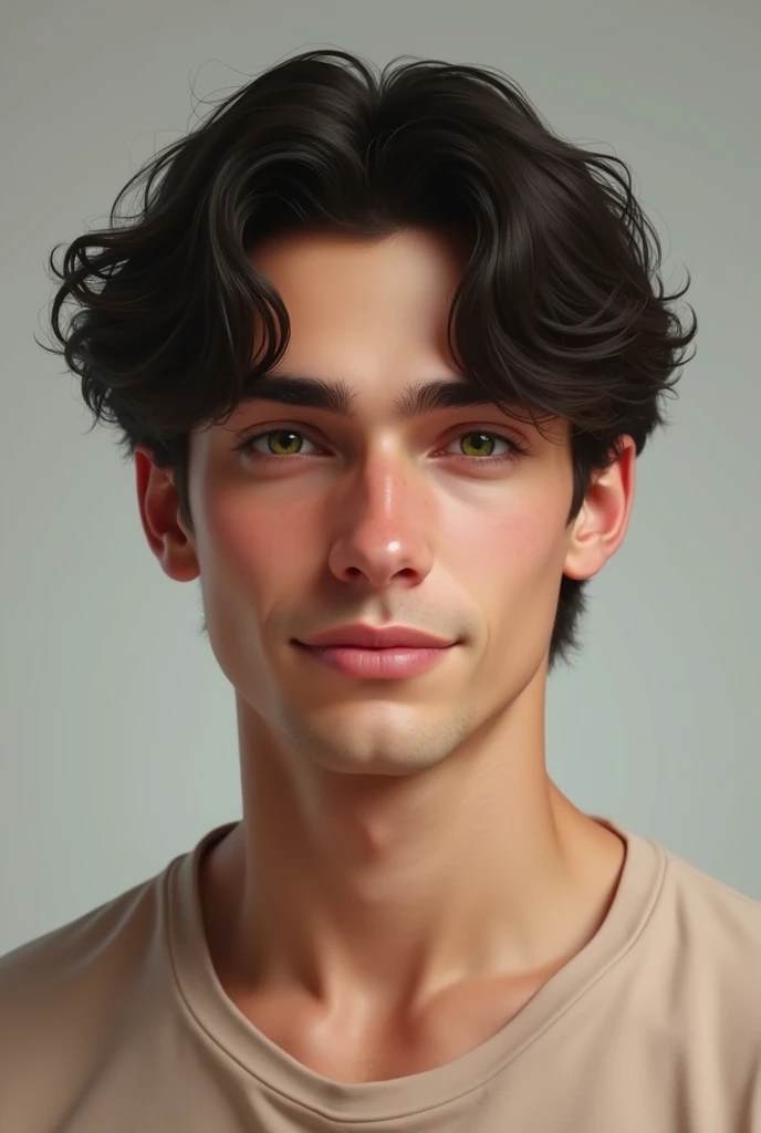 "Generate a realistic image of a young 20-year-old male with black hair and bright green eyes. The hair should be dark, but not too dark, with some natural bobs and waves. The facial expression should be calm and soft, with eyes that reflect a friendly and calm person. The skin should be clear and soft, with a slightly toned shape. The shape should be relatively slender, with broad shoulders and a moderate build. The overall appearance should be youthful, but not too idealized. should be realistic, as if taken with a camera."