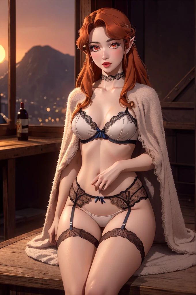(masterpiece,best quality,8k,beautiful and aesthetic:1.2)
(ChopioLenora, orange hair, cloak, fur trim, long hair, hair ornament, red eyes, (pale skin:1.1), makeup, lipstick, pointy ears, (blush:1), looking at viewer, 1girl, solo )
((highleg lace lingerie and sweater)
), sitting, front view, looking at viewer, inside Burlesque theater backstage, sunset, evening, warm lighting, (depth of field, bokeh, 4K, hyper realism, soft light, dramatic light, sharp, HDR), full body
