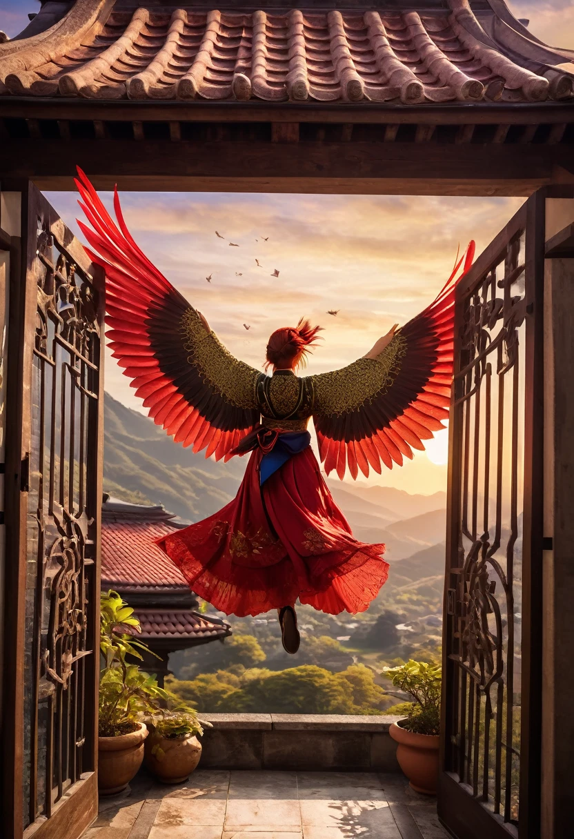 a Japanese legendary creature Suzaku, red sparrow, flying to tiled roof large gate, flapping wings, beautiful sight, detailed illustration, photorealistic, 8k, high quality, vibrant colors, dramatic lighting, intricate details, stunning scenery, ethereal atmosphere, cinematic composition, masterpiece