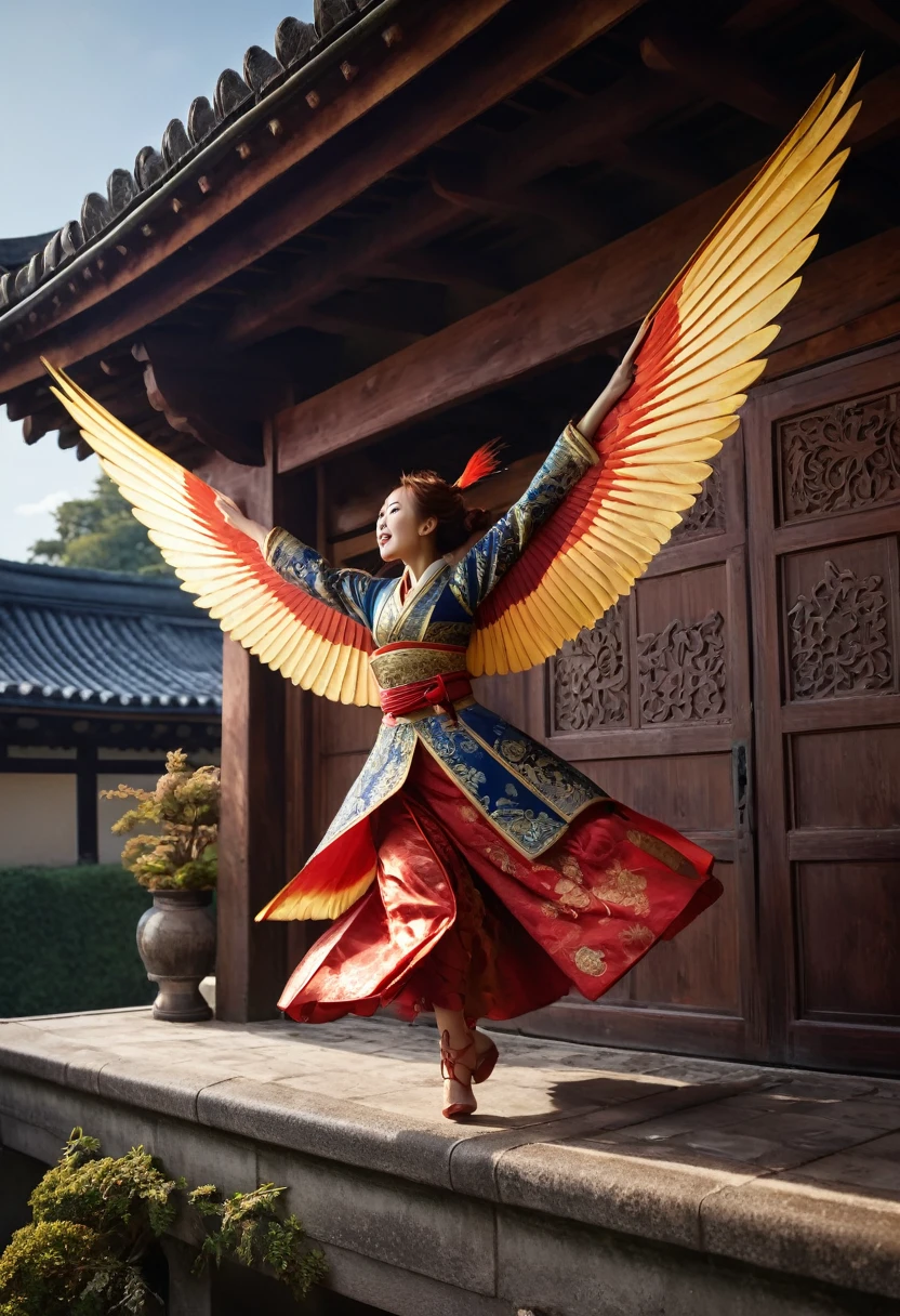 a Japanese legendary creature Suzaku, red sparrow, flying to tiled roof large gate, flapping wings, beautiful sight, detailed illustration, photorealistic, 8k, high quality, vibrant colors, dramatic lighting, intricate details, stunning scenery, ethereal atmosphere, cinematic composition, masterpiece