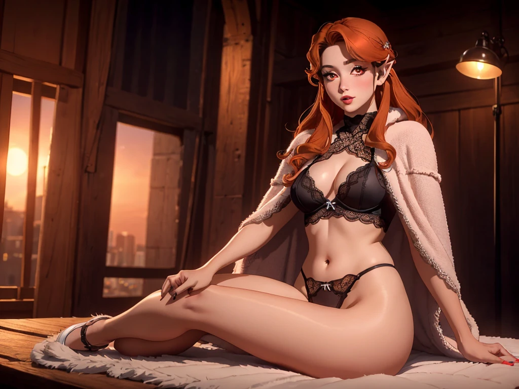 (masterpiece,best quality,8k,beautiful and aesthetic:1.2)
(ChopioLenora, orange hair, cloak, fur trim, long hair, hair ornament, red eyes, (pale skin:1.1), makeup, lipstick, pointy ears, (blush:1), looking at viewer, 1girl, solo )
((highleg lace lingerie and sweater)
), sitting, front view, looking at viewer, inside Burlesque theater backstage, sunset, evening, warm lighting, (depth of field, bokeh, 4K, hyper realism, soft light, dramatic light, sharp, HDR), full body