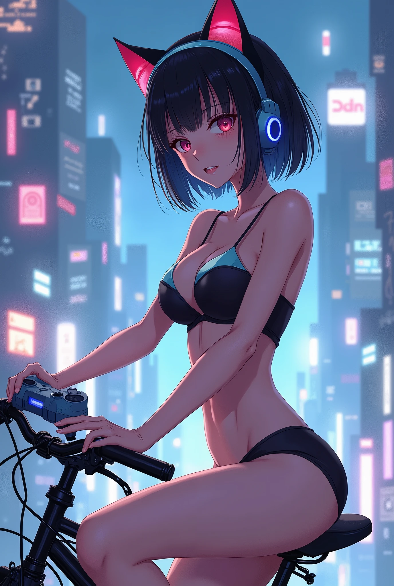 Maximum image quality, outstanding details, ultra high resolution, (Realism: 1.4), the best illustration, favor details, 1 very condensed girl, with a delicate and beautiful face, black and light blue lingerie wearing a cat ear headband, holding a directional controller, riding a bicycle, The background is a high-quality lighting scene of the future city.