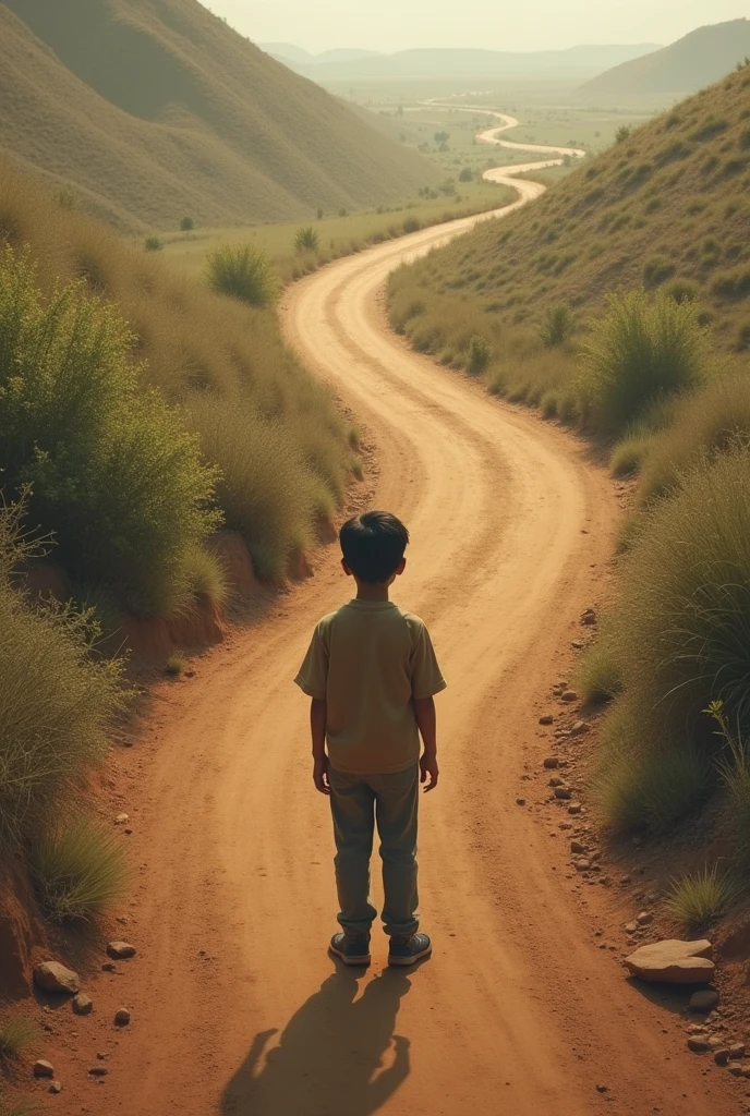 boy standing at intersection clay road, 2 paths. one path leads to success and one path to leads failure.