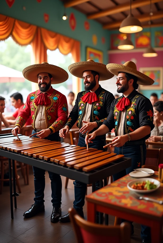 3 men in Mexican attire with a marimba in a restaurant