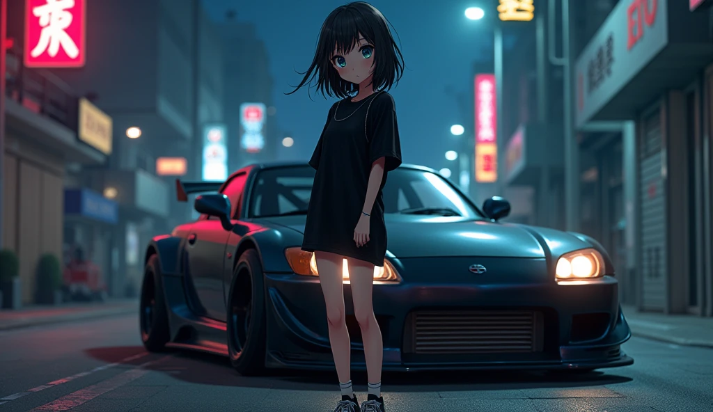 Anime girl wears a black oversized t-shirt and sneakers at night with her lower body exposed and a modified Japanese car