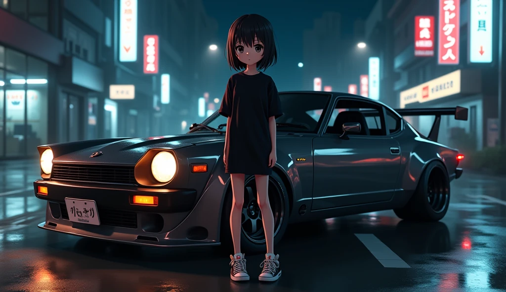 Anime girl wears a black oversized t-shirt and sneakers at night with her lower body exposed and a modified Japanese car