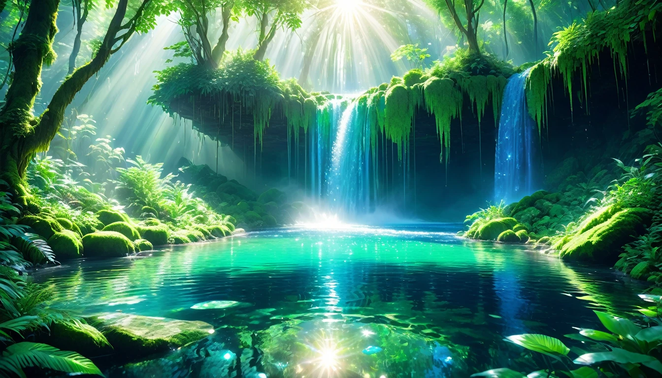 Lush green enchanted forest, crystal clear blue waterfalls, sunlight reflecting on the water surface, masterpiece, style raw, 32K UHD, peaceful and cool atmosphere.