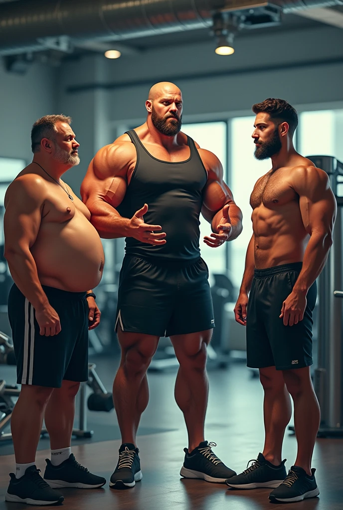 A gaint gym worker doctor consulting a beginner fatty and skinny peoples
