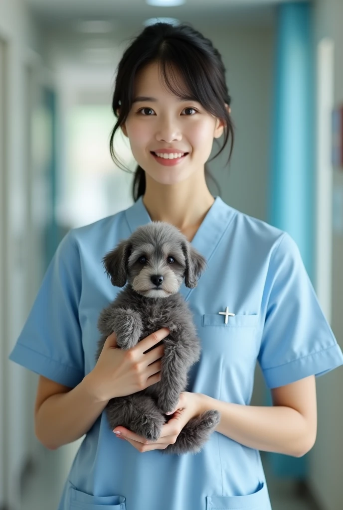 photograph, cowboy shot, woman holding a miniature gray poodle, smiling beautiful Japanese female nurses wearing nurse uniform, hourglass figure, beautiful detailed face, black hair, pale skin, fair skin, realistic skin, detailed cloth texture, detailed hair texture, Perfect proportion, Anatomically correct, Highly detailed face and skin texture, private modern hospital room, looking at viewer, asian face , perfect anatomy, realistic