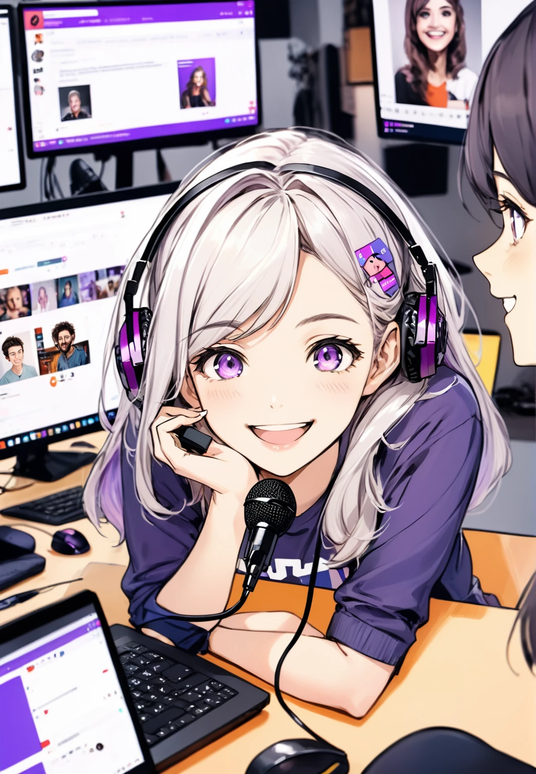 Woman sitting at a desk with a laptop and a microphone, Sit in front of the microphone, Twitch Streamer, Twitch Streamer/Gamer Ludwig, Be interviewed, An accurate portrait, Taking the lead with a smile, H3H3, With a happy expression, Precise Representation, In front of the computer, Trend Art, Shutterstock, Studio shot, Very expressive, Realistic Anime, Drawn,