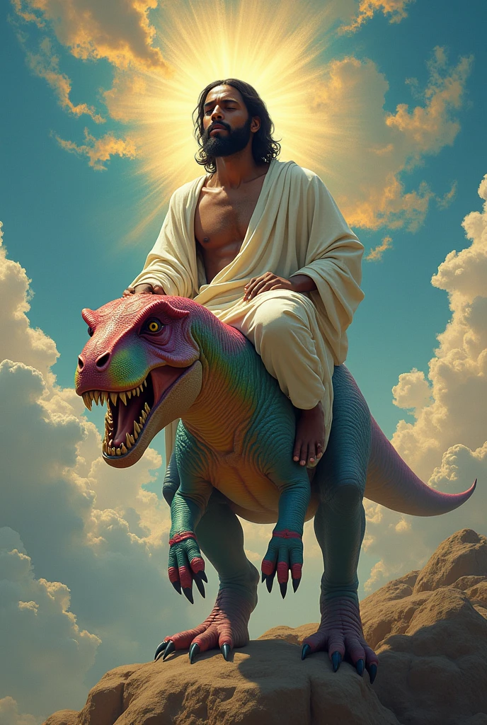 Black Jesus riding a gay dinosaur