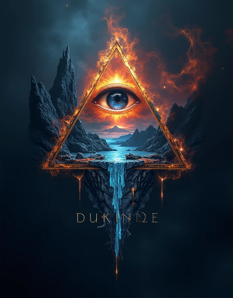 logo design, all seeing eye inside a triangle, a text written ALTAR DUKUND, fire and ice background, complex background, fantasy art, cinematic lighting, masterpiece, extreme detail, 4k