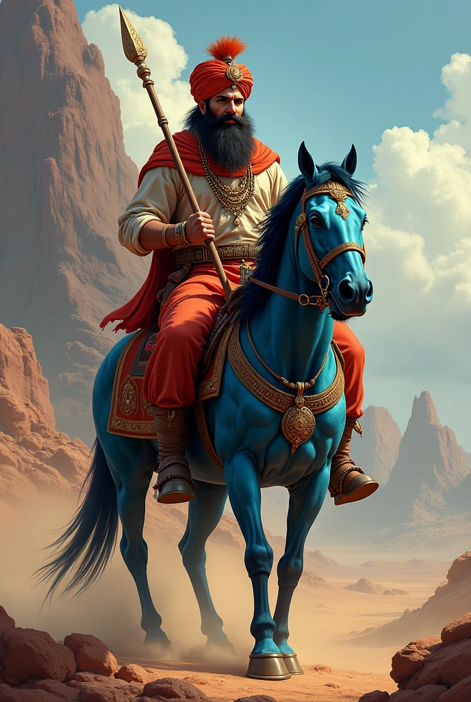 Ak asa aadmi Jo gode pr betha ho or uske bde bde muche ho sir pr pagdi ho haat me bhala astr ho or uske ghode ka colour neela ho or uska ghoda ak phad ke aage khada ho or uske haath me bhala ho or vo rajsthani culture kpde pahne ho or beyard na ho uski and he look like a god