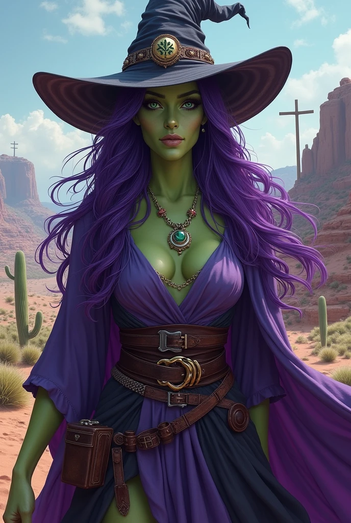 I would like a american woman with long purple hair, magical eyes, light greenish-toned skin, wearing witch clothing, a witch hat, and a necklace around her neck. I would like her to have a mature style, and the art should be in a fantasy RPG style set in the Old West. i would like her to be hot
