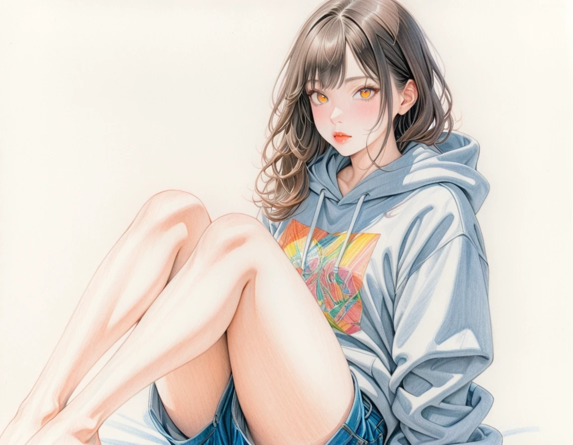 ARW, Sit with legs apart, M-shaped legs, woman, hoodie, Denim pants, art, Colored pencil drawing, draft, White background