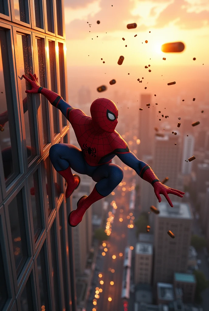 Sspider man dodging of bullets at edge of skyscrapper,background sunrise,