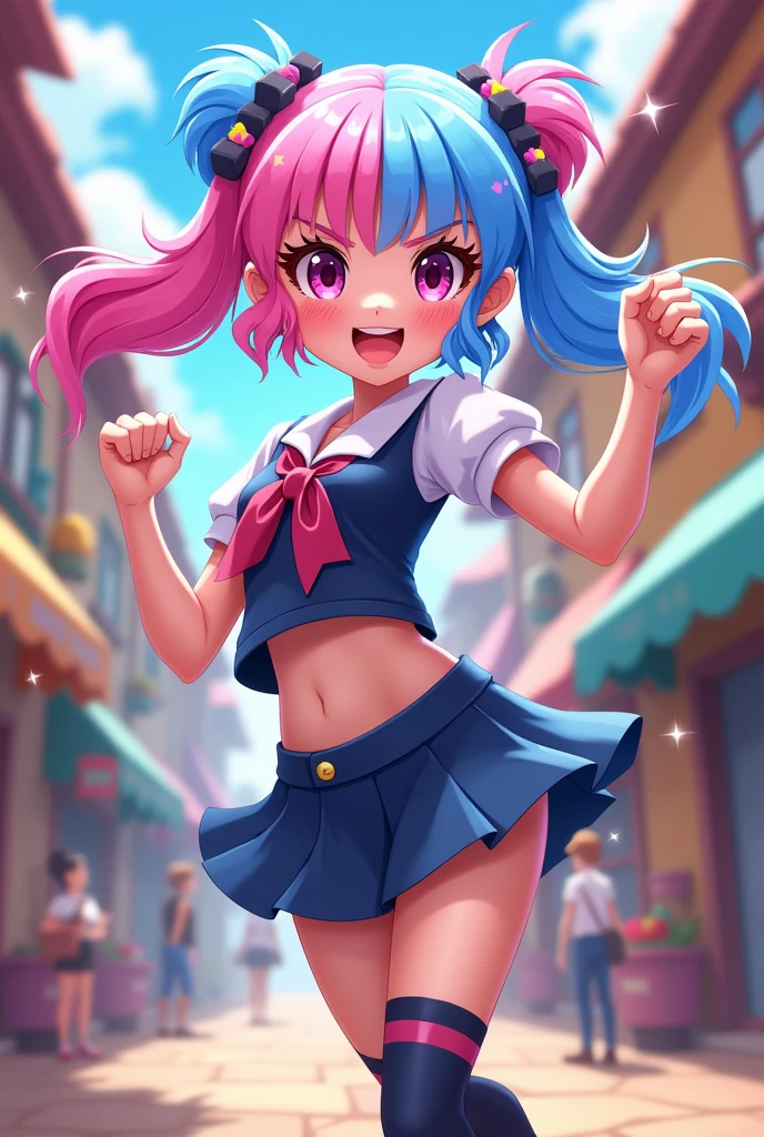 ((young girl ,short stature,gyaru)) ,flat chest,flushed, flushing,black hair, twintail ,,nsfw,heavyset,looking at viewer.stand,frilled mini skirt, sleeveless hoodie,pink striped panties,lift skirt,dark alley