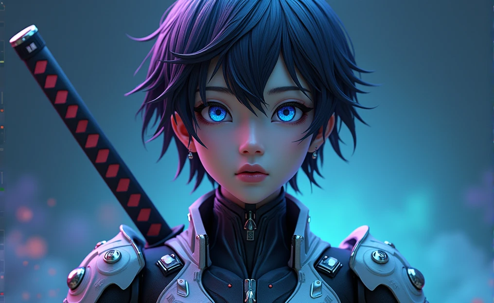 The figure of a young Asian male showing strength and determination, with short dark hair with mobility like water, almost unreal pale complexion and lips of a color somewhat similar to her complexion and robotic clothing carrying a katana, Deep blue eyes and some kind of transparent robotic eye covers and a determined look, The background is cyberpunk in deep blue and purple colors