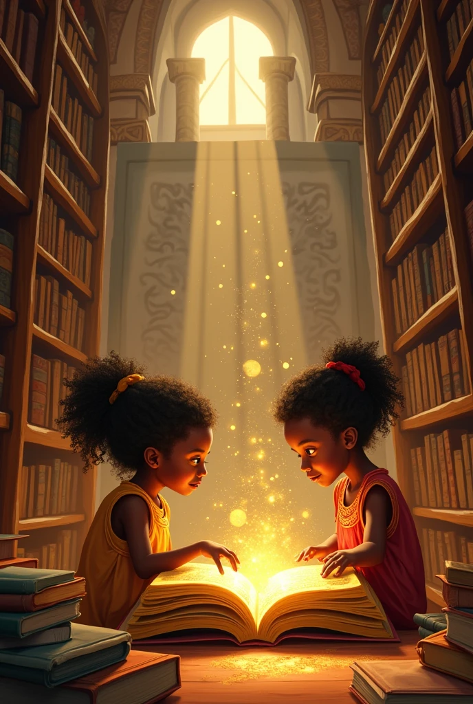 les livres autour des enfants commencent à s’ouvrir et à tourner leurs pages par eux-mêmes, avec de la poussière dorée flottant dans l'air. Pendant qu'ils lisent le livre doré dans la bibliothèque (Africain)