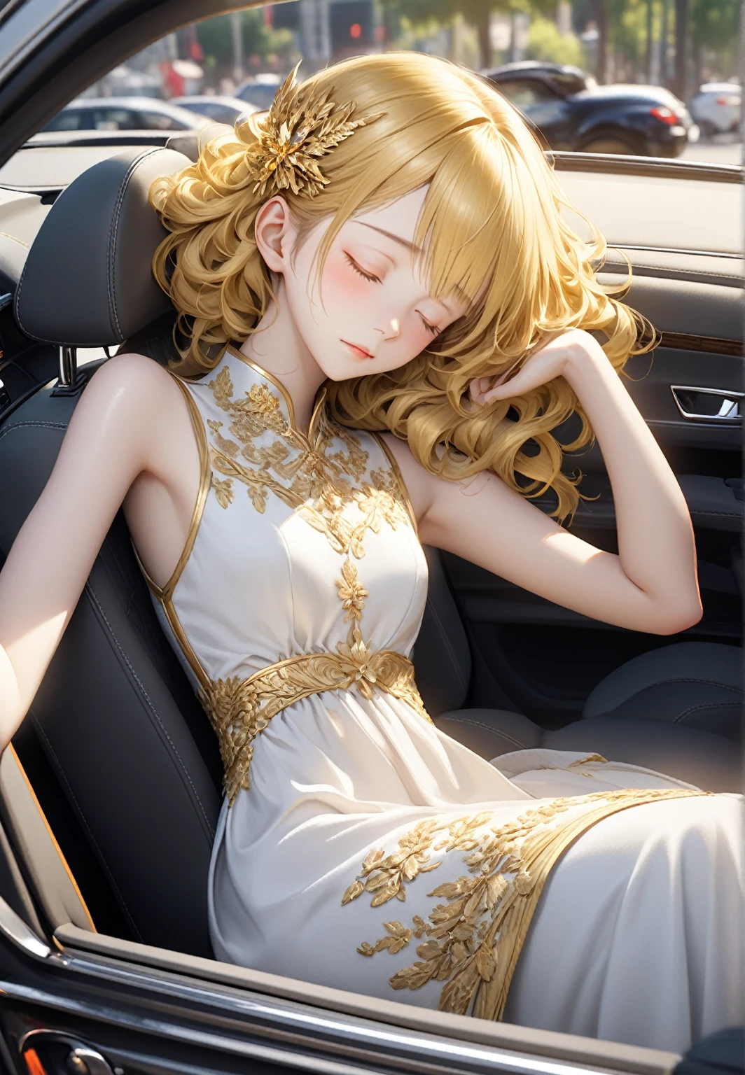 ((masterpiece)), ((Highest quality)), 8k, High resolution, Super Detail, (woman), (White dress with yellow gold trim), (Scattered golden hair ornaments), (Closed eyes) (Sleeping in the car 1.6) (Full body display 1.4) この作品はmasterpieceだ, The highest quality and attention to detail, captured in 8k High resolution. Photographic Realistic, Realistic, very detailed illustrations Realistic, Octane Rendering