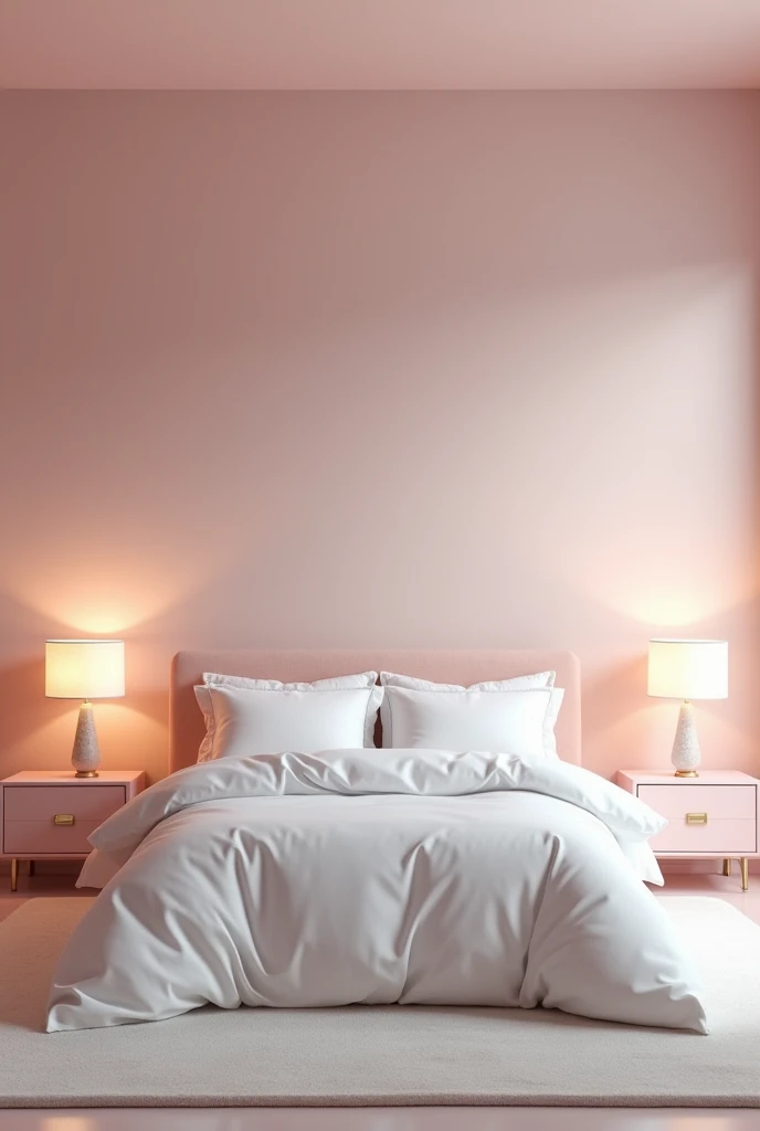 Please make a room with a king size bed full of pillows and a duvet, two white tables on both sides with two medium-sized lamps, All modern and pink and white in the style of 2010