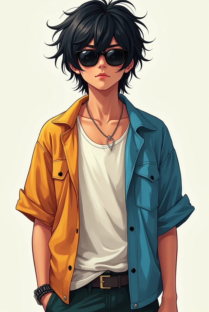 A boy with long black hair, but not beyond the shoulders, with sunglasses, the hair is a bit messy, with loose and colorful clothes
