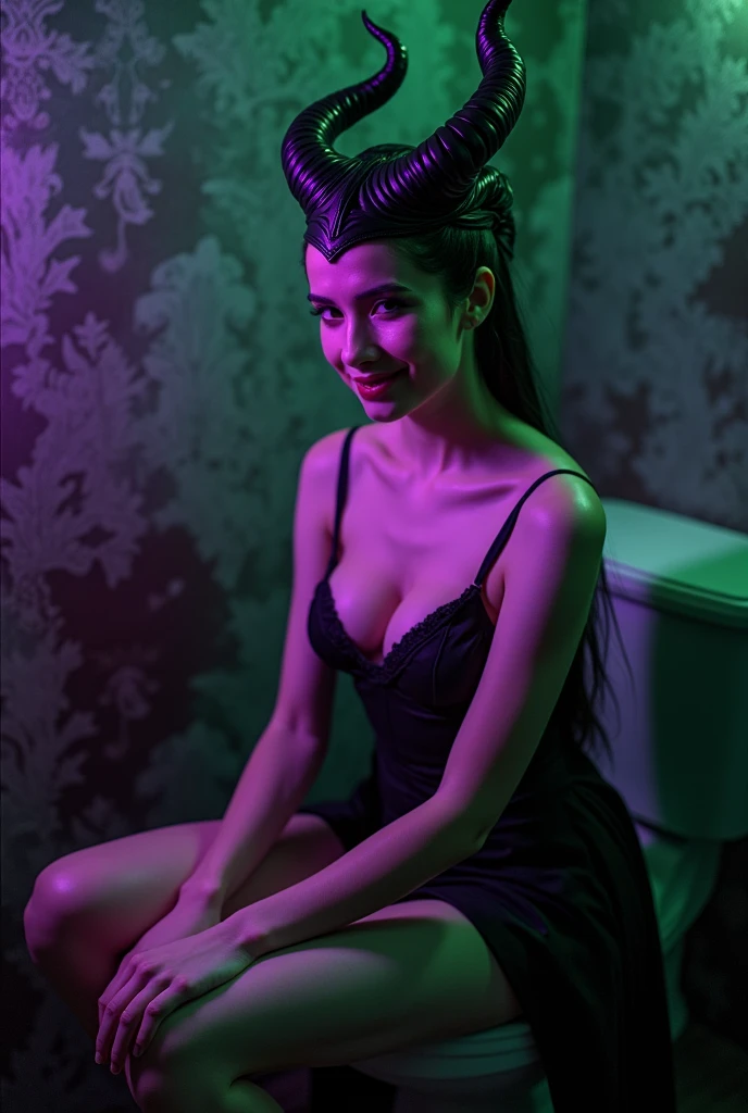 A stunning portrait of Maleficent sitting on a toilet in her dungeon, teenaged girl emphasis on her horns, purple highlights, purple reflected light, in the nude, young and beautiful, hyper realistic, real portrait, backlit, exquisite features, cleavage, sexy, seductive, unnatural light, soft light, location is the interior of a dungeon, green light, eerie, purple highlights:1.4, she is smirking, she is busty, her chin is raised, looking down at viewer, low angle shot, exquisite features, exotic, high cheekbones, (((show her full horns)))