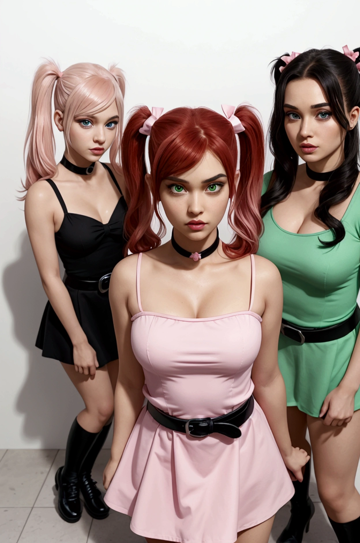 Three realistic girls, inspired by the Powerpuff Girls. Blossom has long, straight red hair, tied with a large pink bow, wearing a pink dress with a black belt and pink shoes. Her eyes are large and pink, with a confident expression. Bubbles has blonde pigtails, wearing a blue dress with a black belt and white shoes. Her eyes are big and blue, with a bright, cheerful expression. Buttercup has short black hair, wearing a green dress with a black belt and black shoes. Her eyes are green, with a fierce and determined look. Realistic lighting, highly detailed faces, and textures. Focus on character design with soft shadows and vibrant colors."