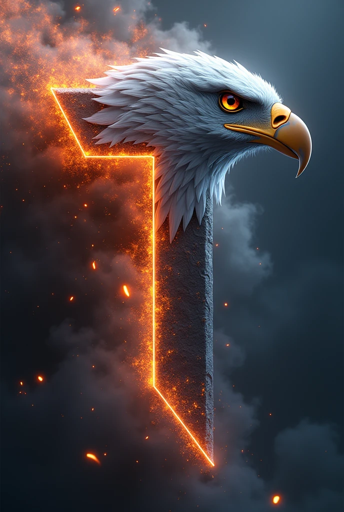 “Create an image featuring a bold, stylized 3d letter ‘T’ integrated with a powerful eagle’s head emerging from the top left corner. Surround the letter with elements such as smoke, fire, and glowing stars to add a sense of mystique and energy.”