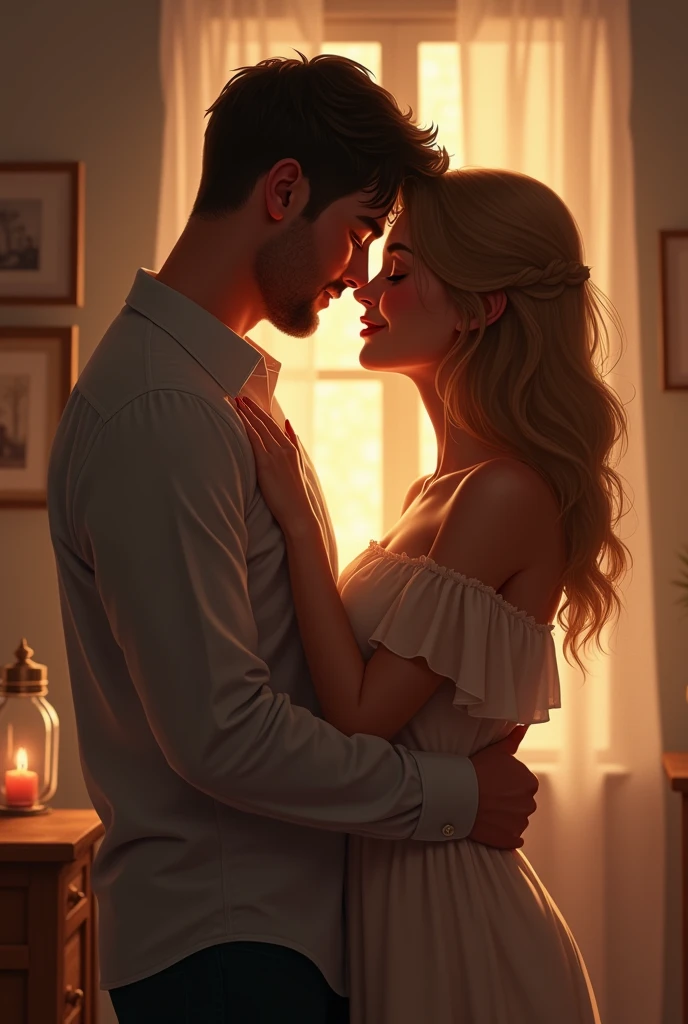 Husband and wife are having a beautiful romantic time inside a house.