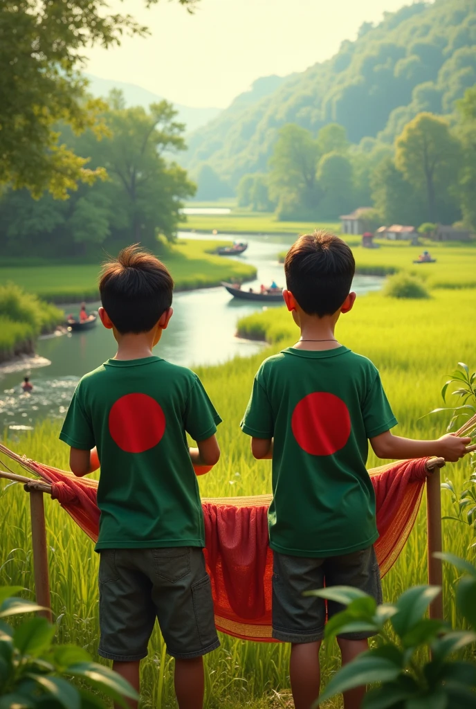 A 2 boy wearing Bangladesh flag decorated T shirt, weaving Bangladesh flag in rural village field. Beautiful village nature, river, boat , show from backside 
