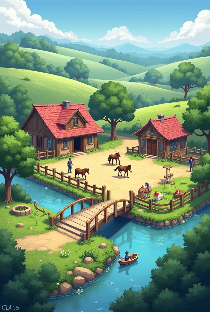 Place with a horse farm, horse training place, an house, a river with a place for fishing and a bridge, realist art 