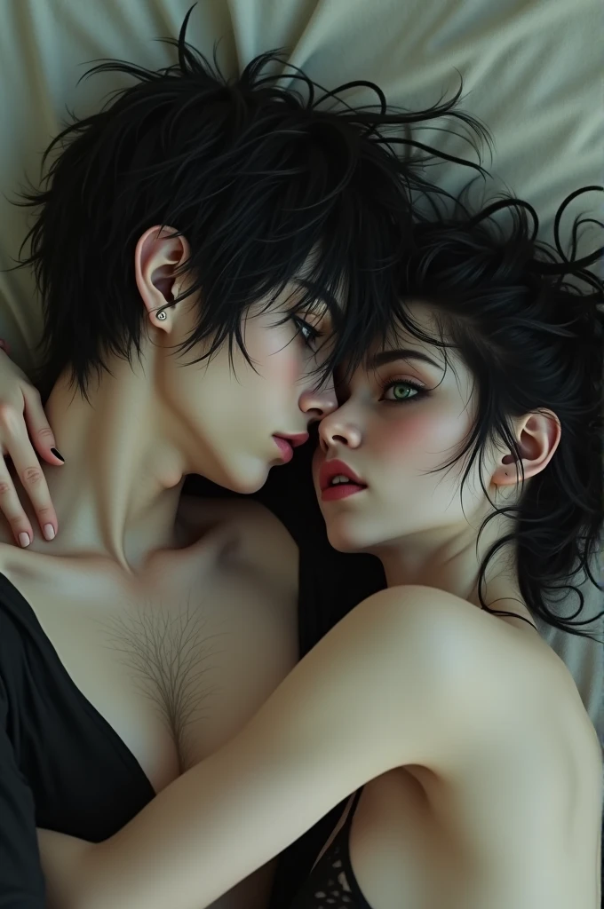 Make an emo girl, pale white skin color, eyes black, black hair with 2b curl, naked on top of a white skinned emo boy, black hair and green eyes, eyebrow and lip piercing 