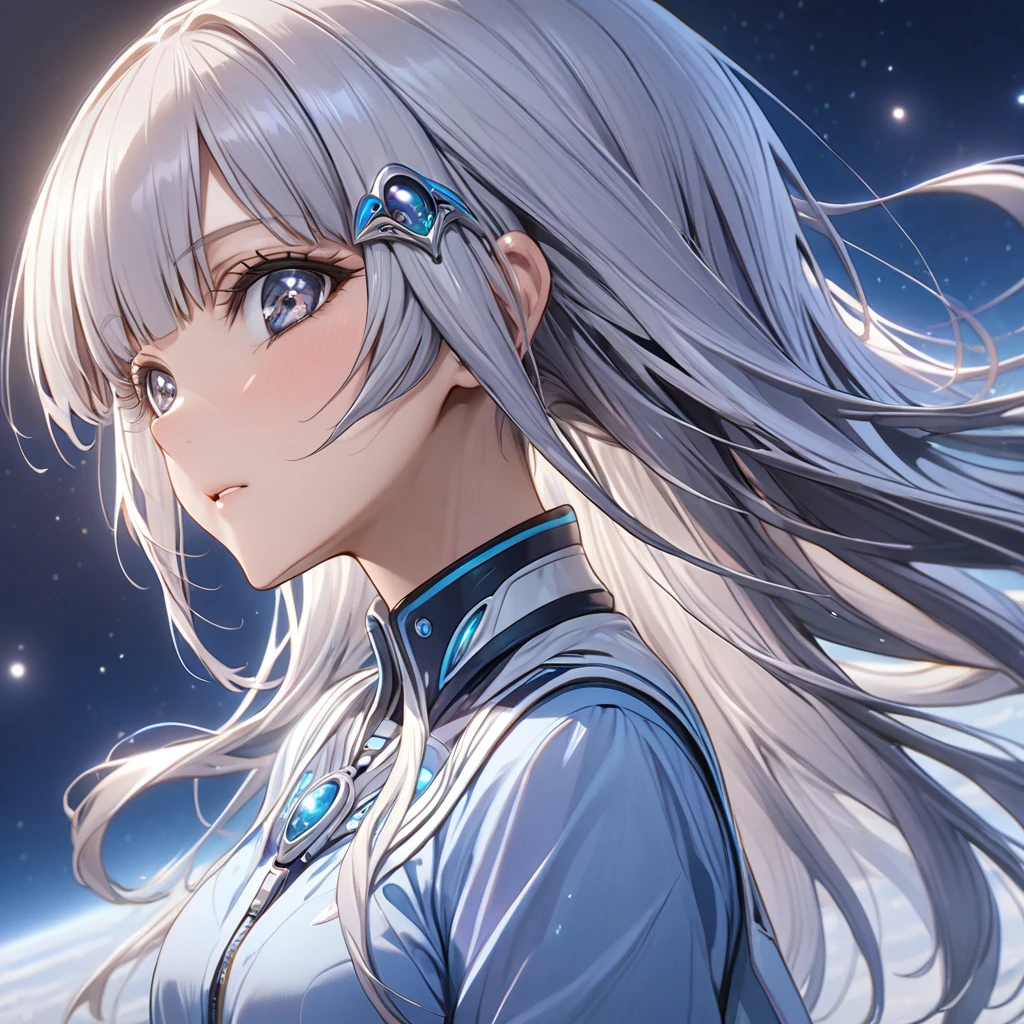 ((Highest quality)), ((masterpiece)), (detailed), (Perfect Face)、The woman is an alien, Reika Aoki, with semi-long hair and little grey hair